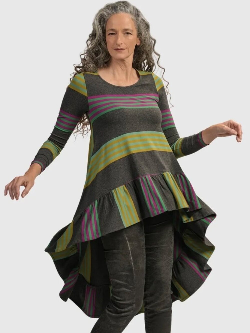 Urban by Alembika Wine Bar Tunic Top High Low Striped Lagenlook Artsy Whimsigoth